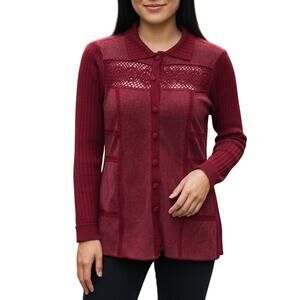 J. Jill Rustic Red Crochet Wool & Suede Patchwork Long Cardigan Sweater Jacket